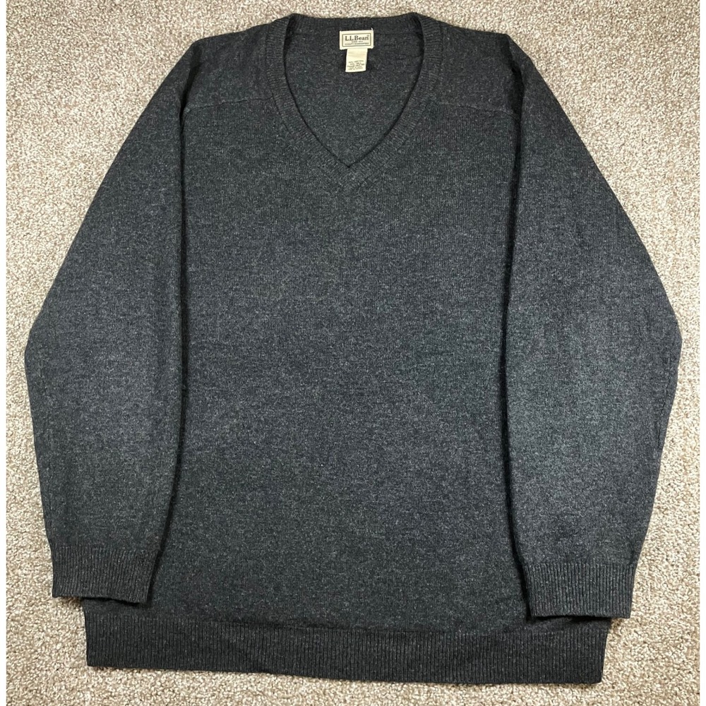 LL Bean Mens XXL Tall Charcoal Grey 100% Lambswool V-Neck Sweater 264790